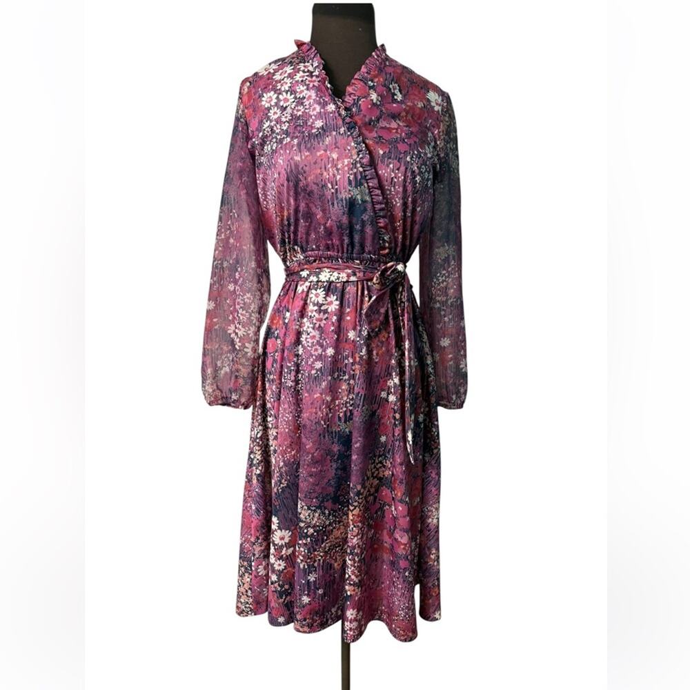 Vtg Purple Floral Sheer Sleeve Faux Wrap Dress Womens MP Romantic Feminine Boho